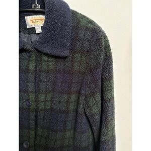 Talbots Navy‎ Blue Hunter Green Checked Fuzzy Shacket Coat Women's Petite Medium